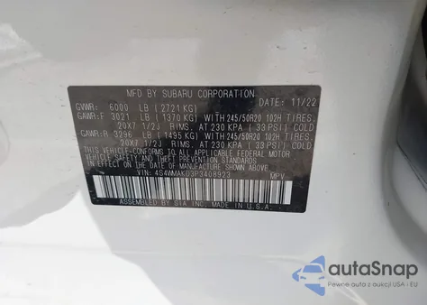 2023 Subaru Ascent Onyx Edition Limited 7-Passenger z USA, uszkodzony, nr VIN 4S4WMAKD3P3408923